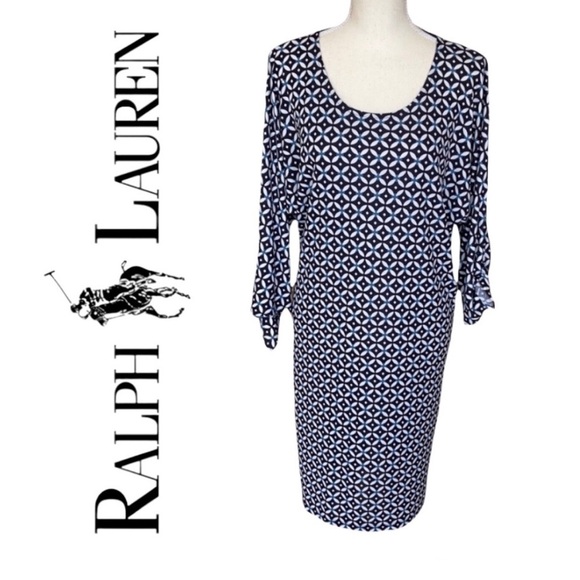 Lauren Ralph Lauren Preppy Blue White Geo Paisley Print Shift Dress Knot Sleeves - Picture 15 of 15